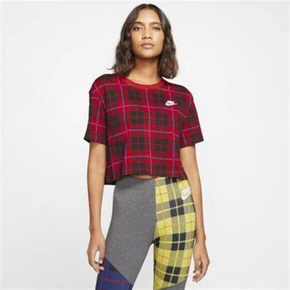 Nike Plaid Futura Crop T-Shirt - University Red - Picture 1 of 7